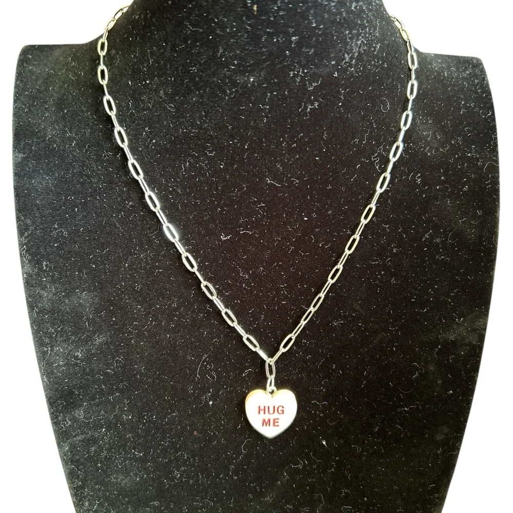Conversation Hearts Hug Me Charm Necklace Dainty Minimal Silver Chain Valentine